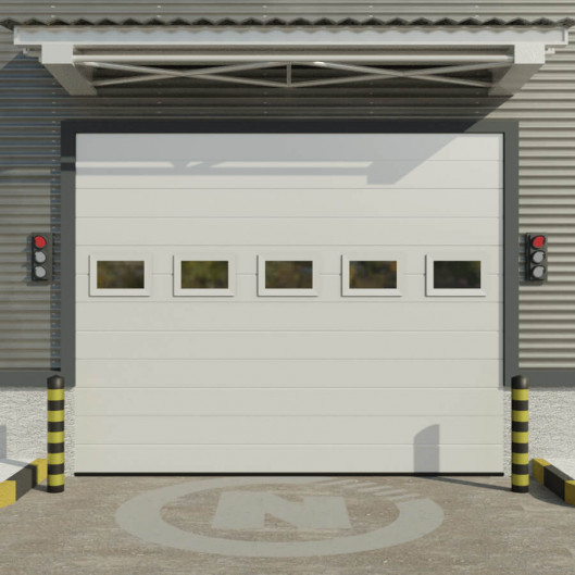 Porte de garage sectionnelle industrielle avec hublots pvc. Blanche.