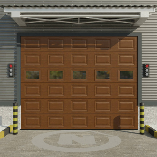 Porte de garage sectionnelle industrielle à cassette avec hublots chêne doré. Fabrication sur mesure.