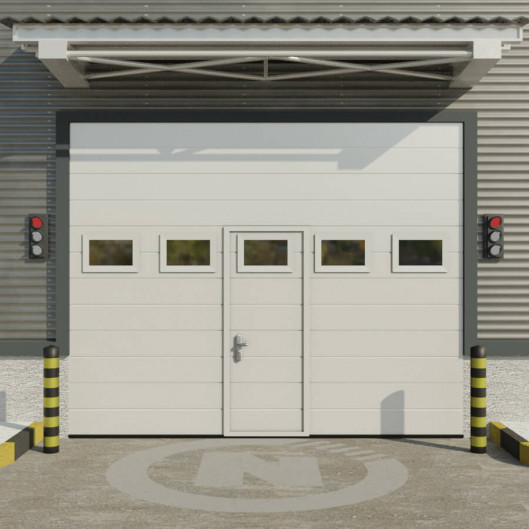 Porte de Garage Sectionnelle Industrielle avec portillon et hublots "sur mesure" blanc
