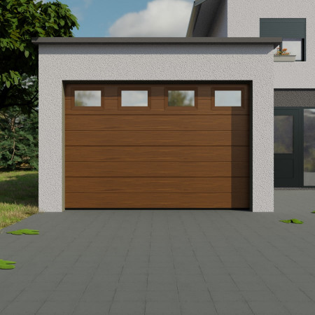 Porte de Garage Sectionnelle avec hublots PVC à l'horizontale ressort de torsion. Coloris chêne doré.