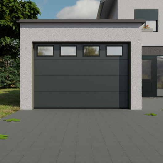 Porte de Garage Sectionnelle finition anthracite avec hublots Alunox à l'horizontale hublots rectangulaires.