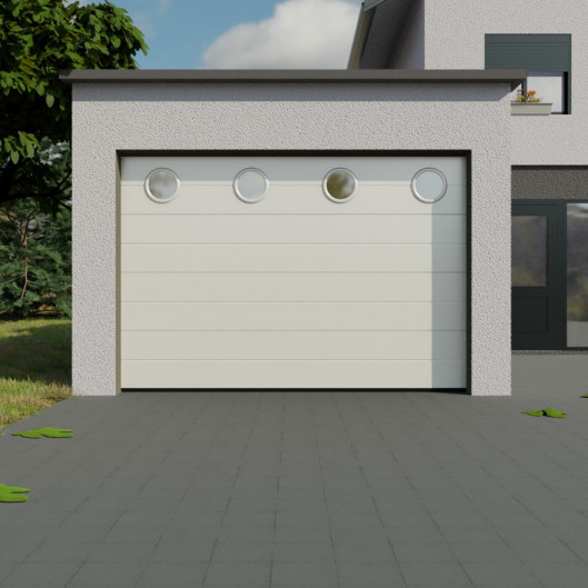 Porte de Garage Sectionnelle à traction avec hublots PVC à l'horizontale. Coloris Blanc.