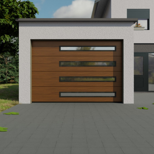 Porte de garage sectionnelle à hublots panoramiques en aluminium. Modèle à traction. Chêne doré.