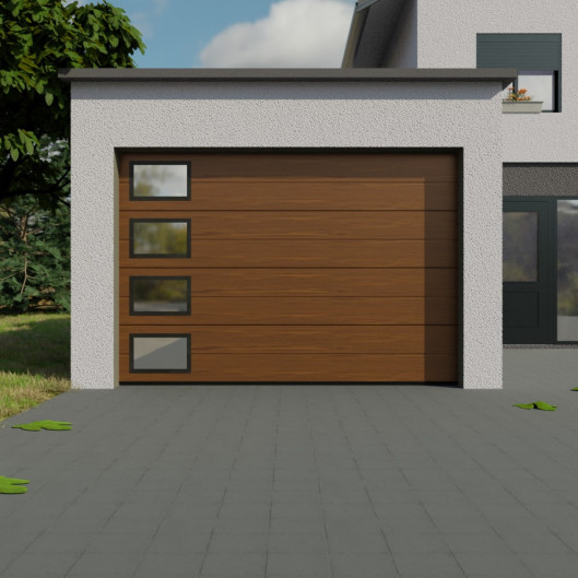Porte garage sectionnelle 1 ligne laqué chêne avec hublots à la verticale en alunox forme rectangle