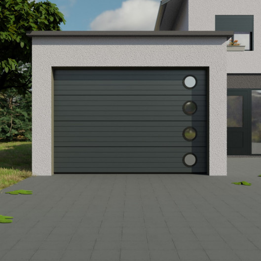 Porte garage sectionnelle Multiligne Ral 7016 avec hublots à la verticale en alunox forme rond