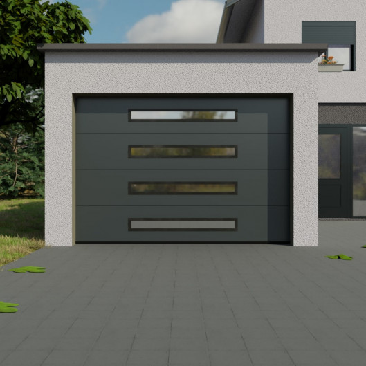 Porte de garage sectionnelle à hublots panoramiques en aluminium. Modèle à traction. Anthracite.